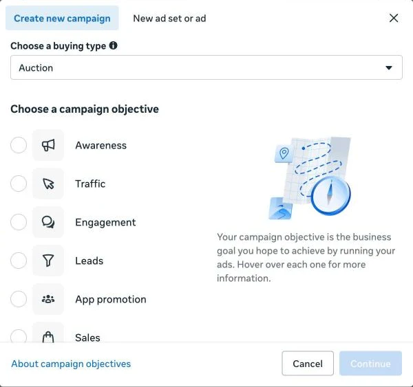 Meta Ads Manager Create new campaign dialog listing objectives: Awareness, Traffic, Engagement, Leads, App promotion and Sales