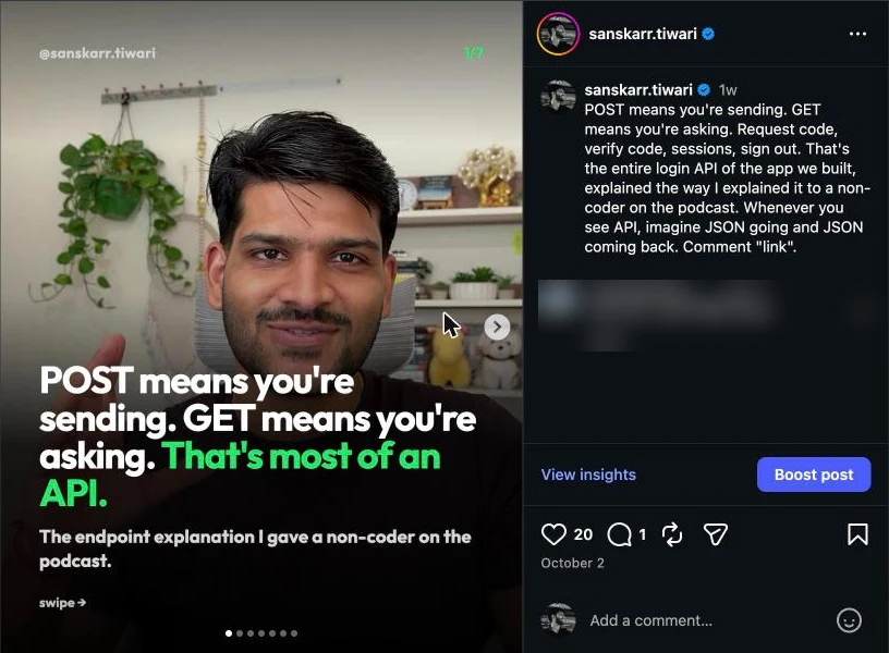An Instagram carousel post on desktop with the View insights and Boost post buttons under the caption