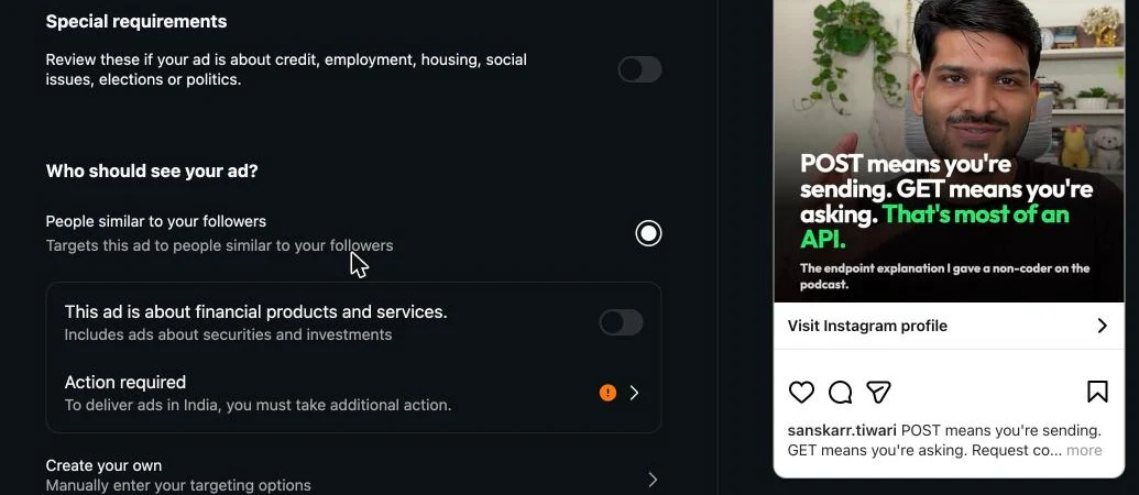 Instagram Boost post audience section with People similar to your followers selected and a Create your own option