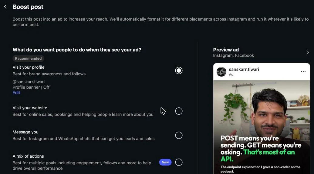 Instagram Boost post screen asking what you want people to do: visit your profile, visit your website, message you, or a mix of actions