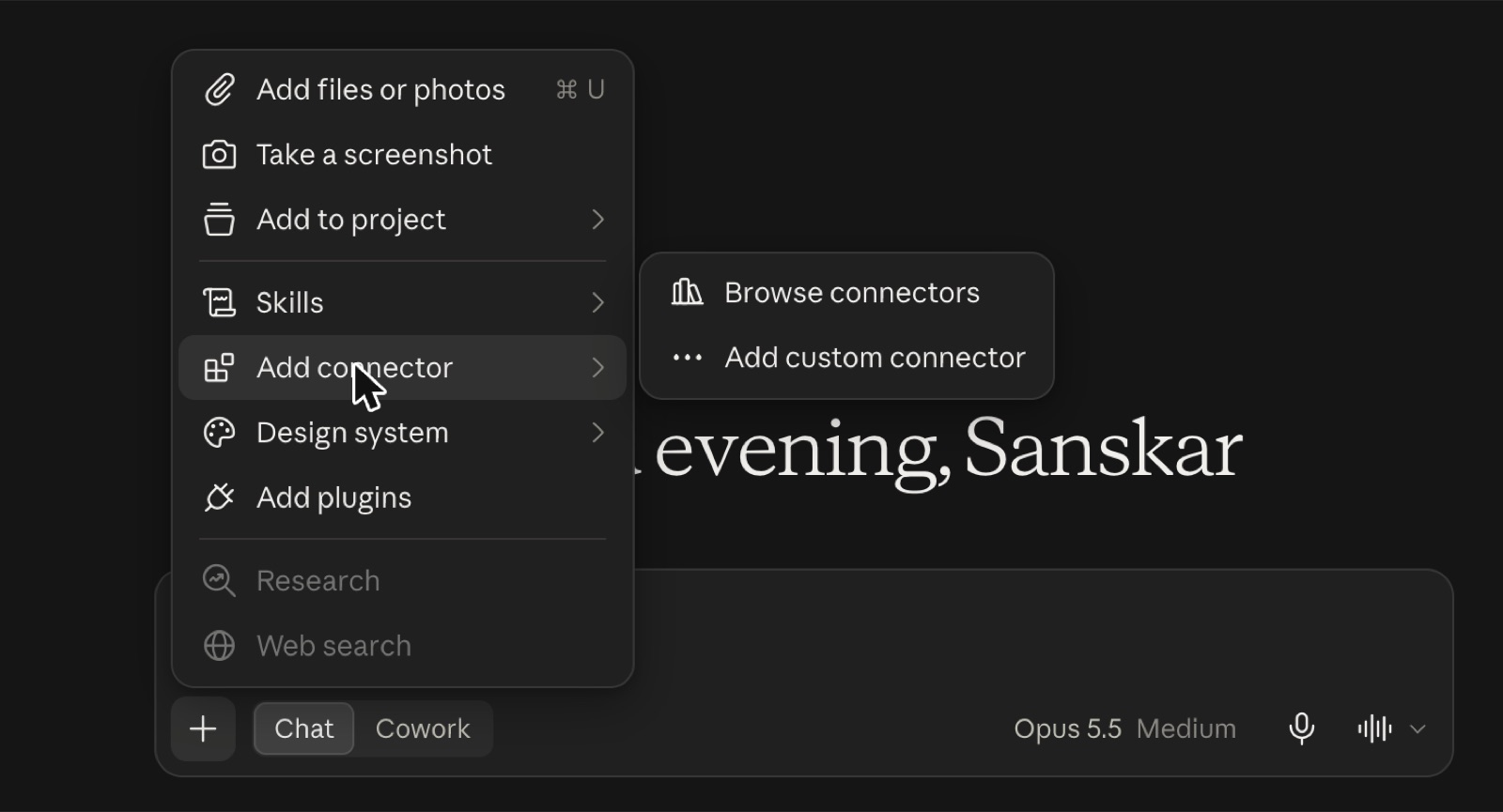 The plus menu in a Claude chat with Add connector open, showing Browse connectors and Add custom connector