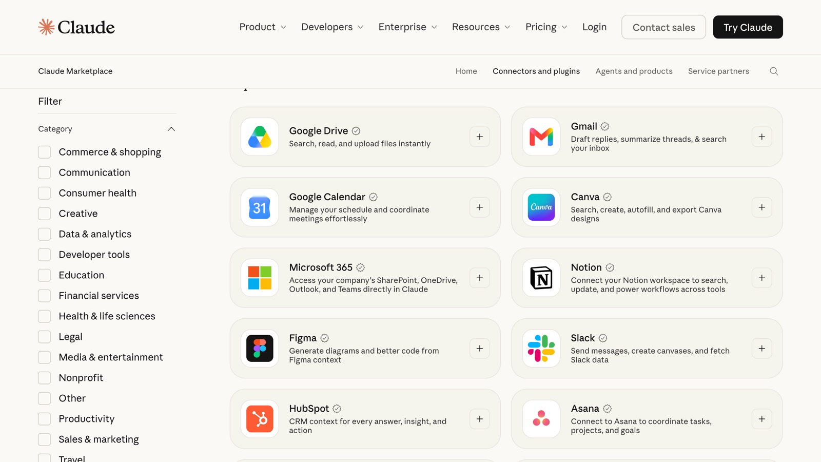 Claude's Connectors and plugins directory showing Google Drive, Gmail, Google Calendar, Canva, Microsoft 365, Notion, Figma, Slack, HubSpot and Asana