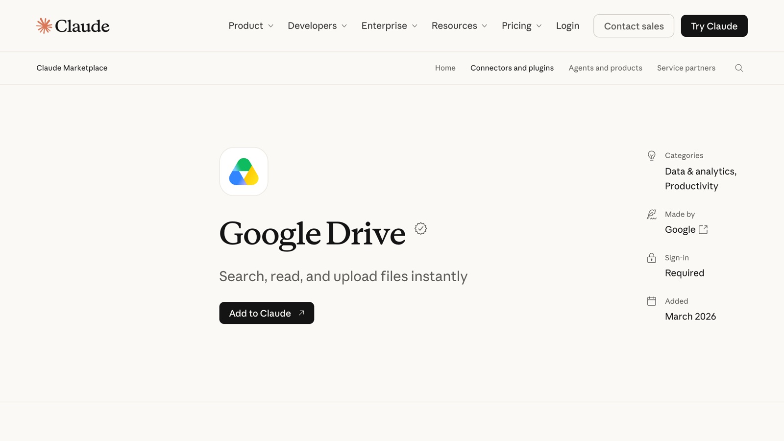The Google Drive connector page in Claude's directory, made by Google, with an Add to Claude button