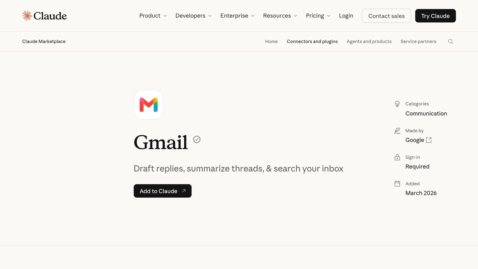 The Gmail connector page in Claude's directory
