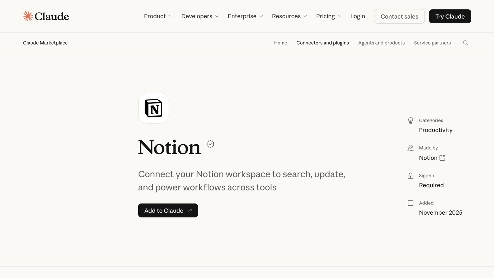 The Notion connector page in Claude's directory
