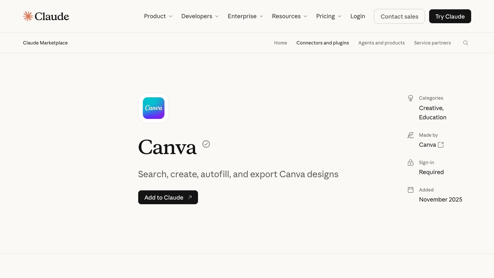 The Canva connector page in Claude's directory