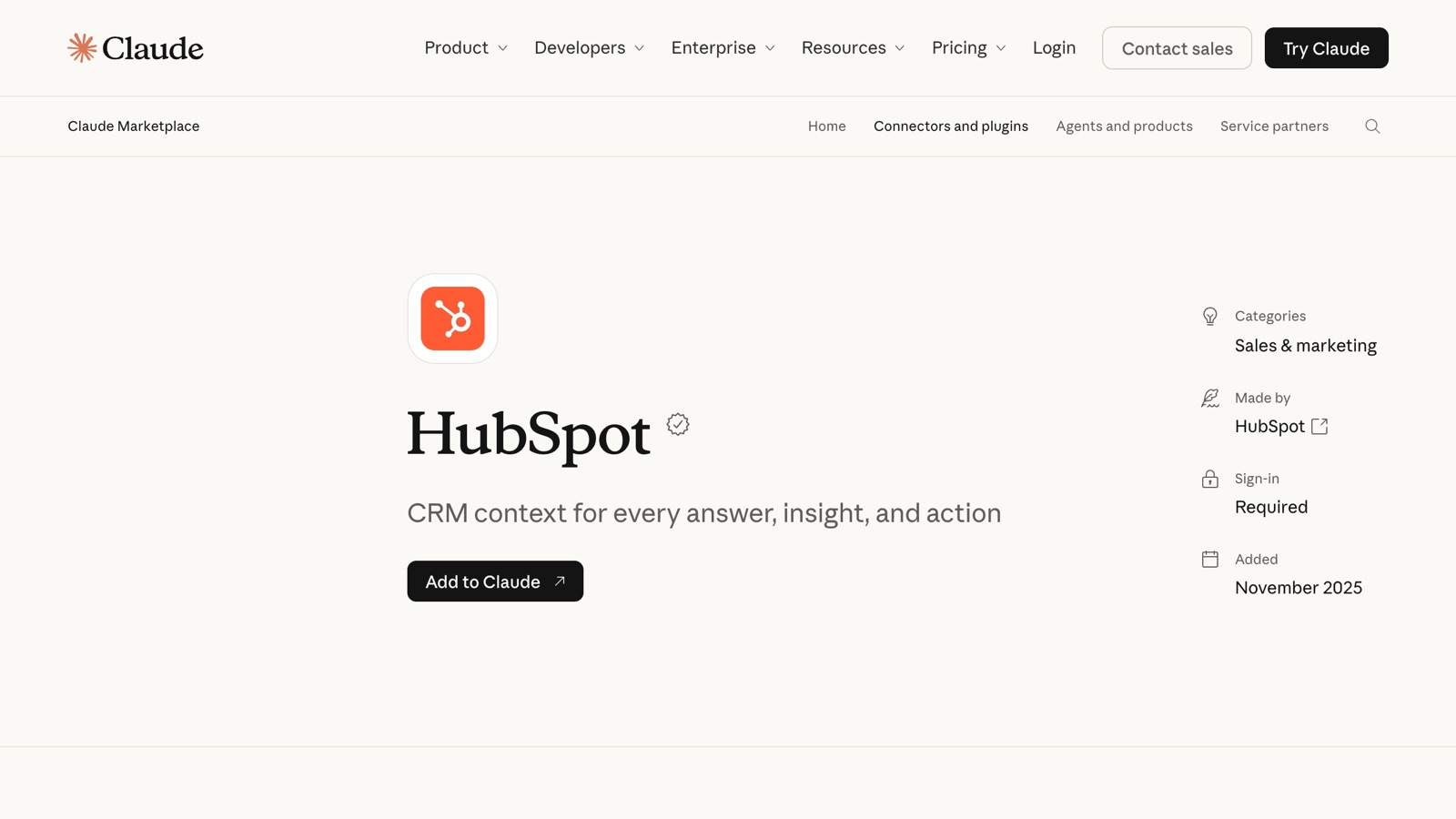The HubSpot connector page in Claude's directory, category Sales and marketing