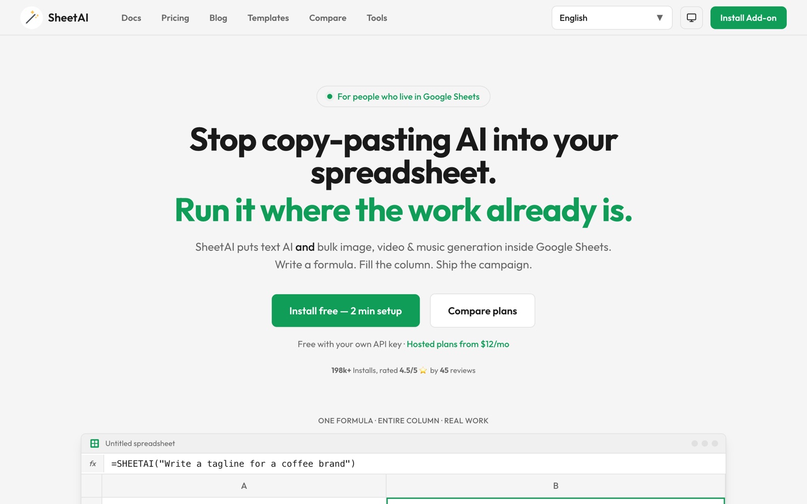 The SheetAI homepage showing a SHEETAI formula in a Google Sheets formula bar