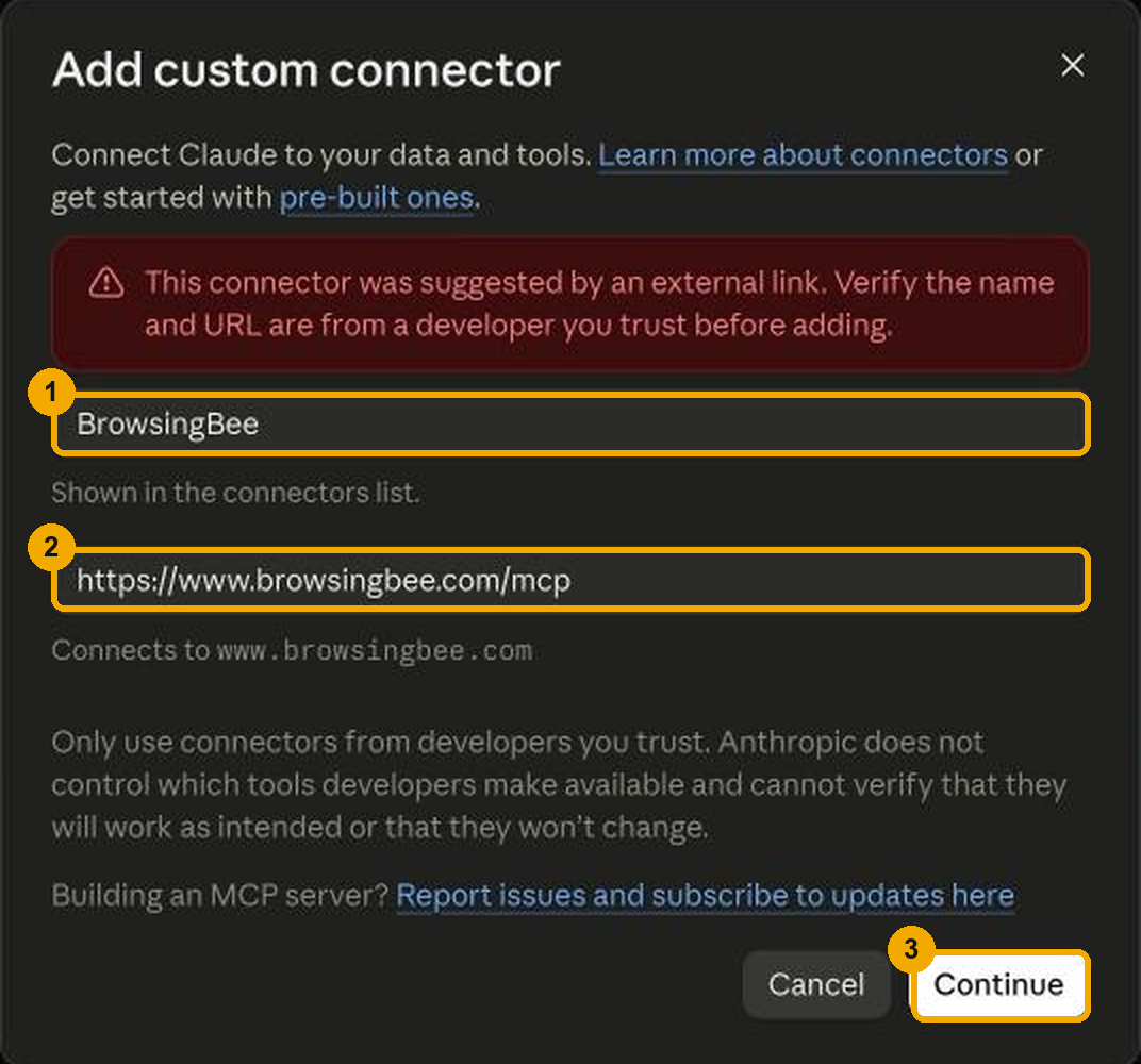 The Add custom connector dialog on claude.ai with BrowsingBee and the MCP URL filled in