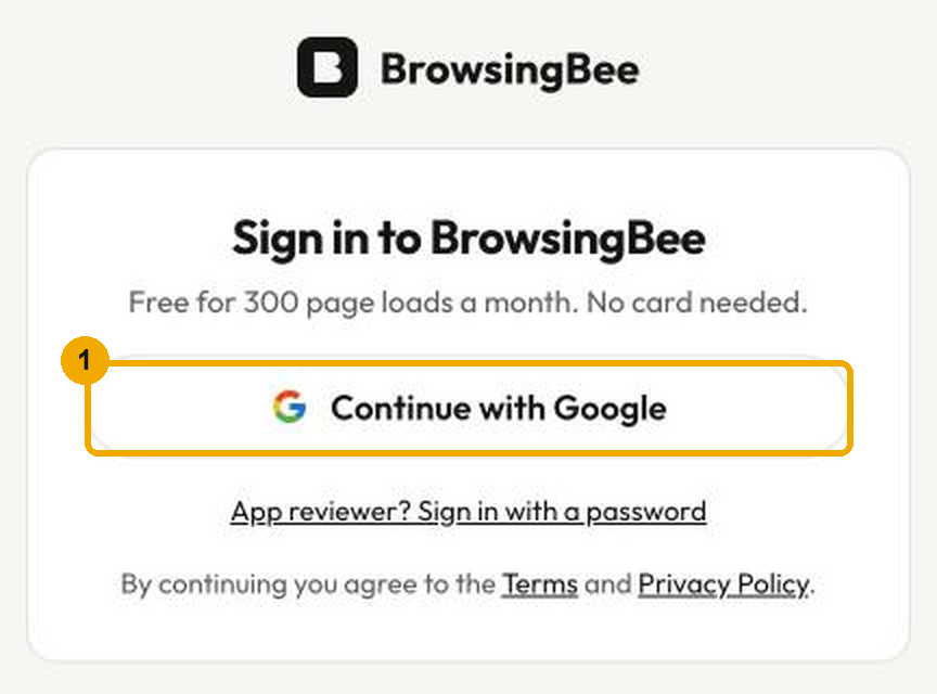 The BrowsingBee sign-in page with a Continue with Google button