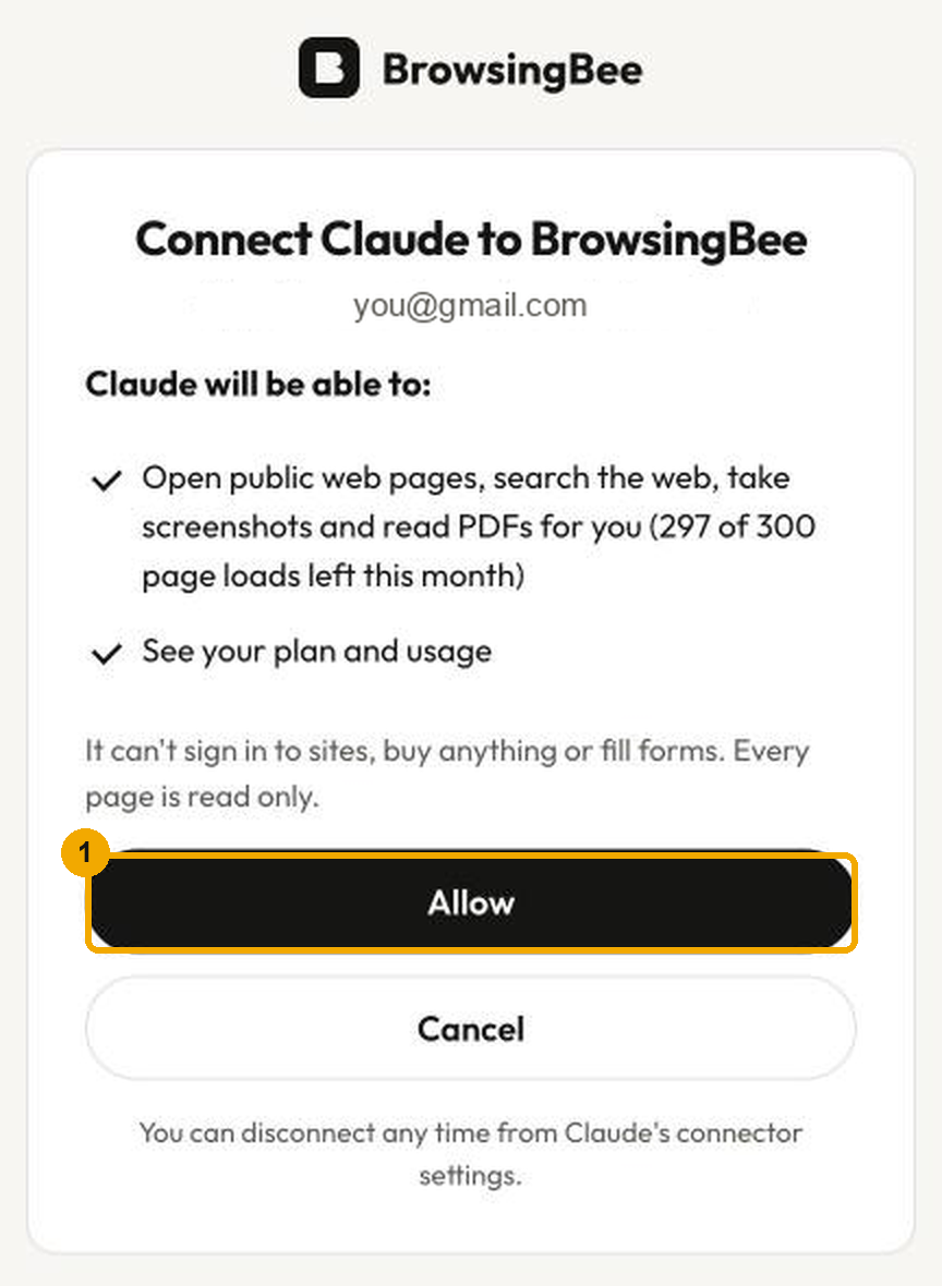 The BrowsingBee consent page asking to connect Claude, with an Allow button