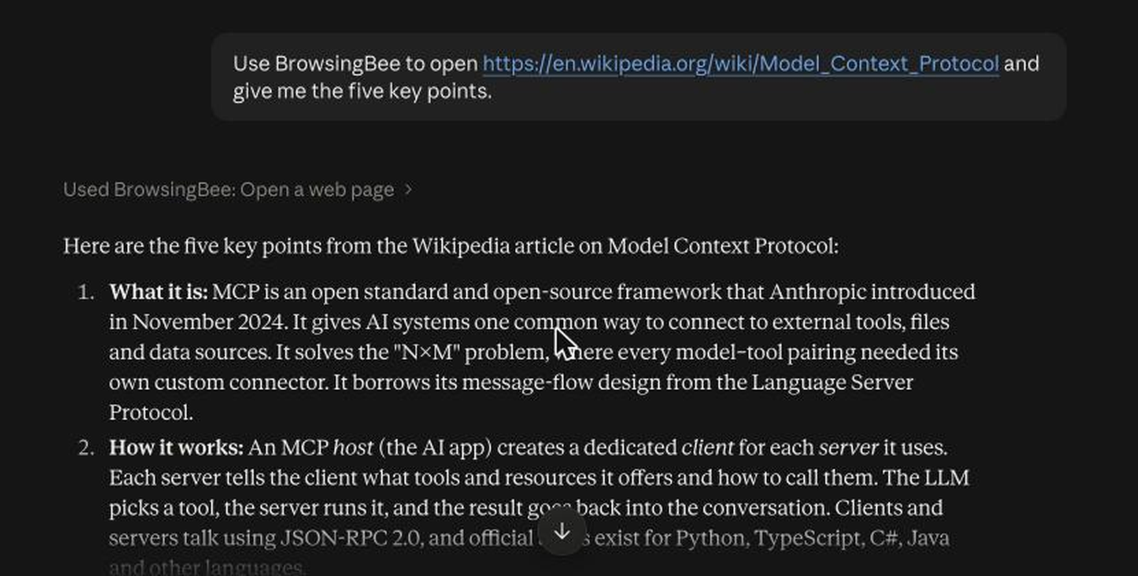 A Claude conversation where BrowsingBee opens the Wikipedia article on Model Context Protocol and Claude lists the five key points