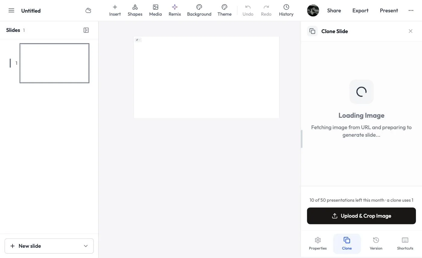 The editor with the Clone Slide panel showing Loading Image