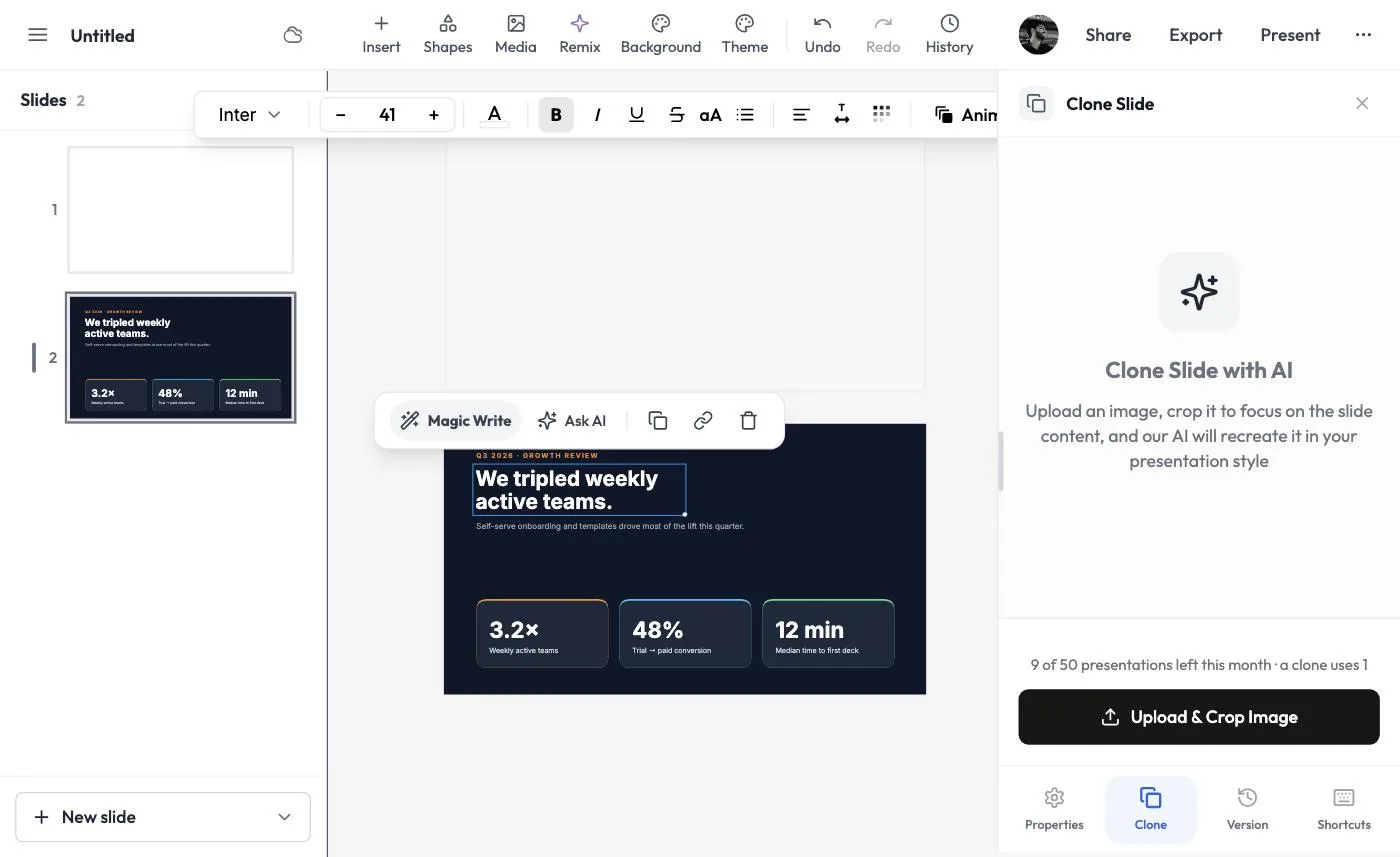 Cloned slide in the editor, with the headline selected as editable text
