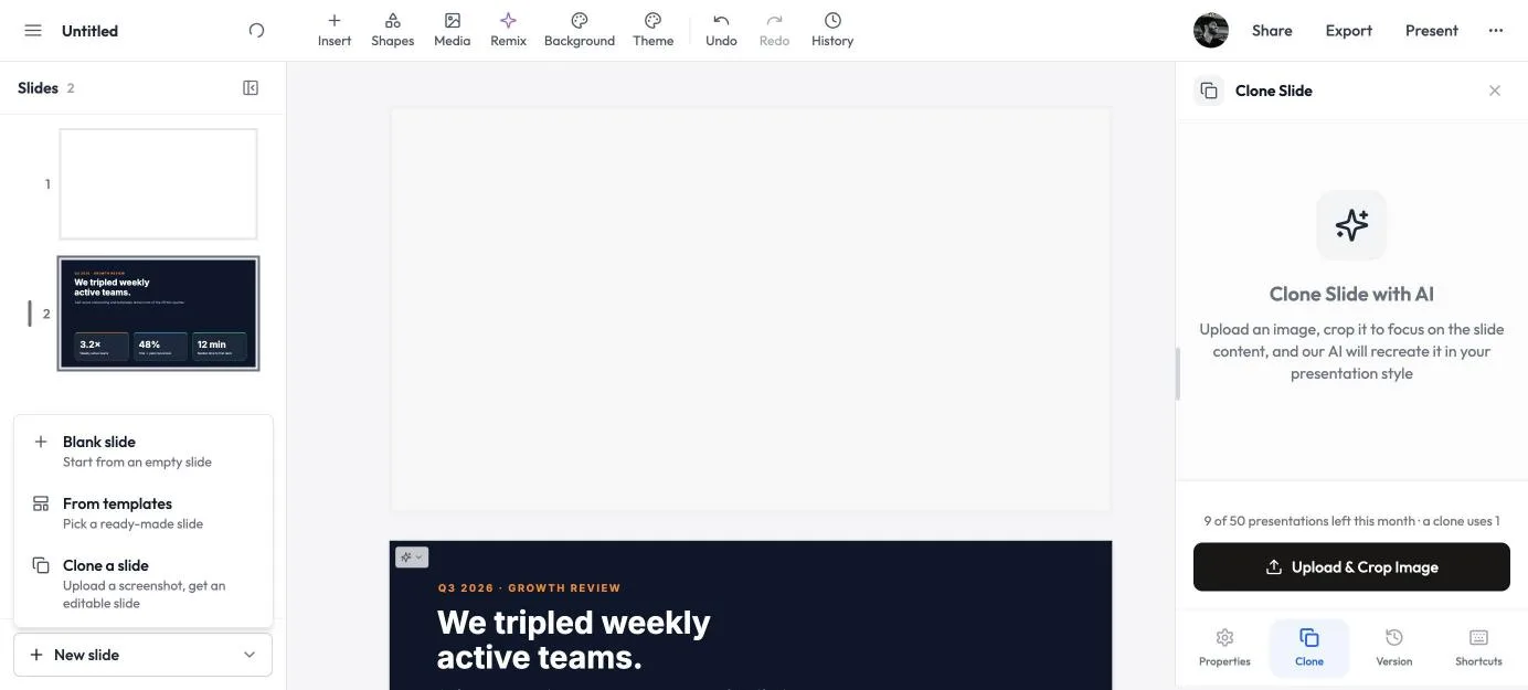 The New slide menu with Blank slide, From templates and Clone a slide options