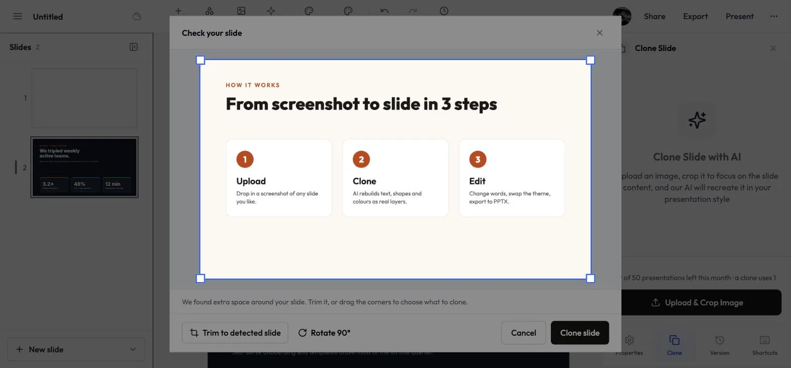 The Check your slide crop window with Trim to detected slide, Rotate 90 and Clone slide buttons