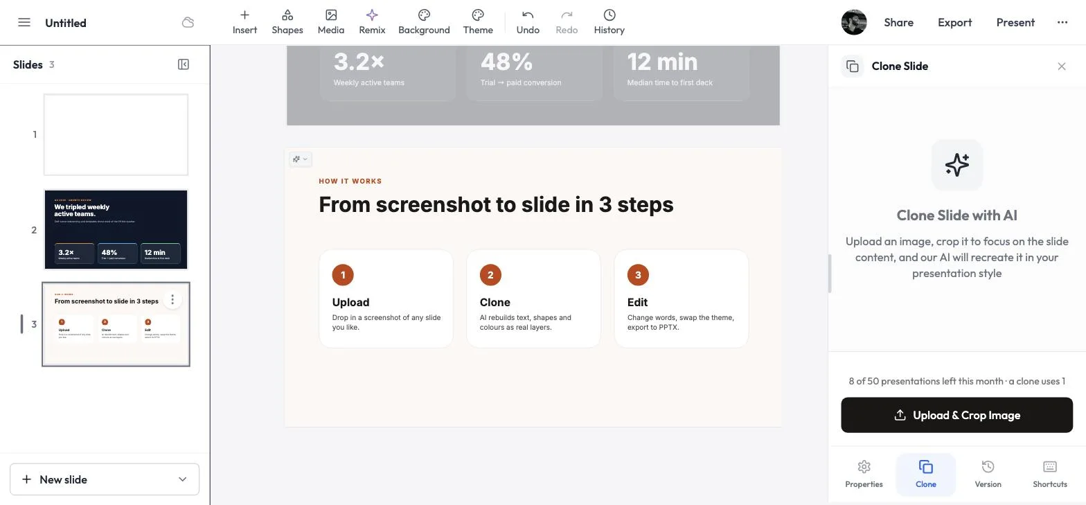 The cloned How it works slide added as slide 3 in the editor