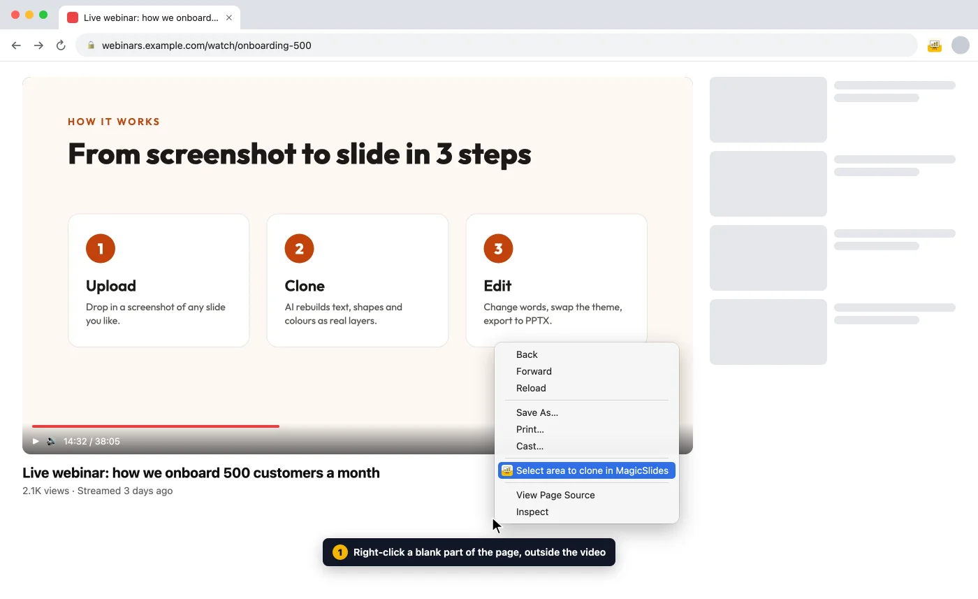 A webinar page right-clicked below the video, showing Select area to clone in MagicSlides in Chrome's menu