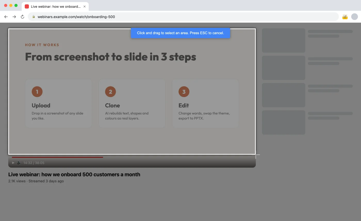 The page dimmed with a white selection box drawn around the slide in the paused video