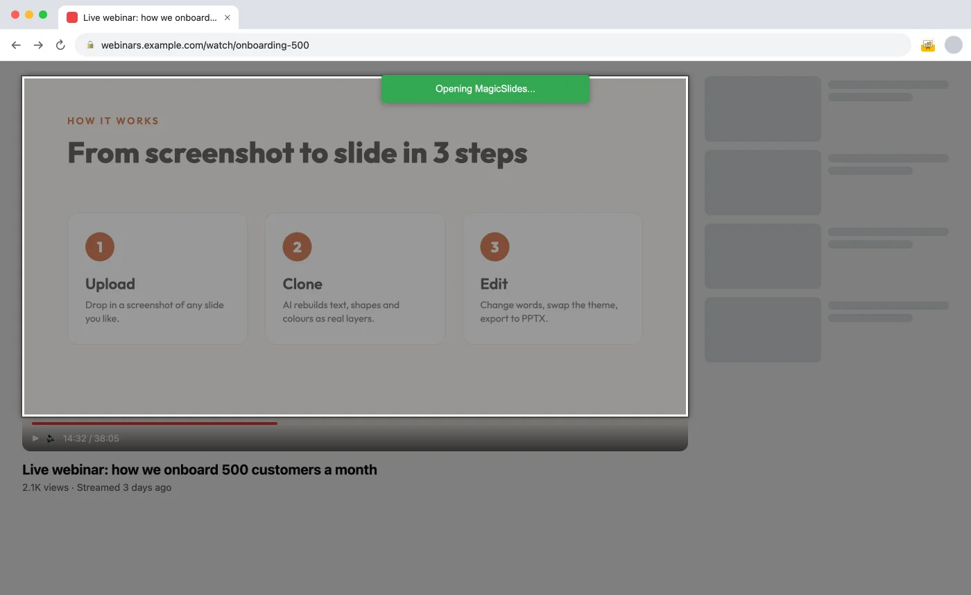 The selection captured, with a green Opening MagicSlides bar at the top of the page