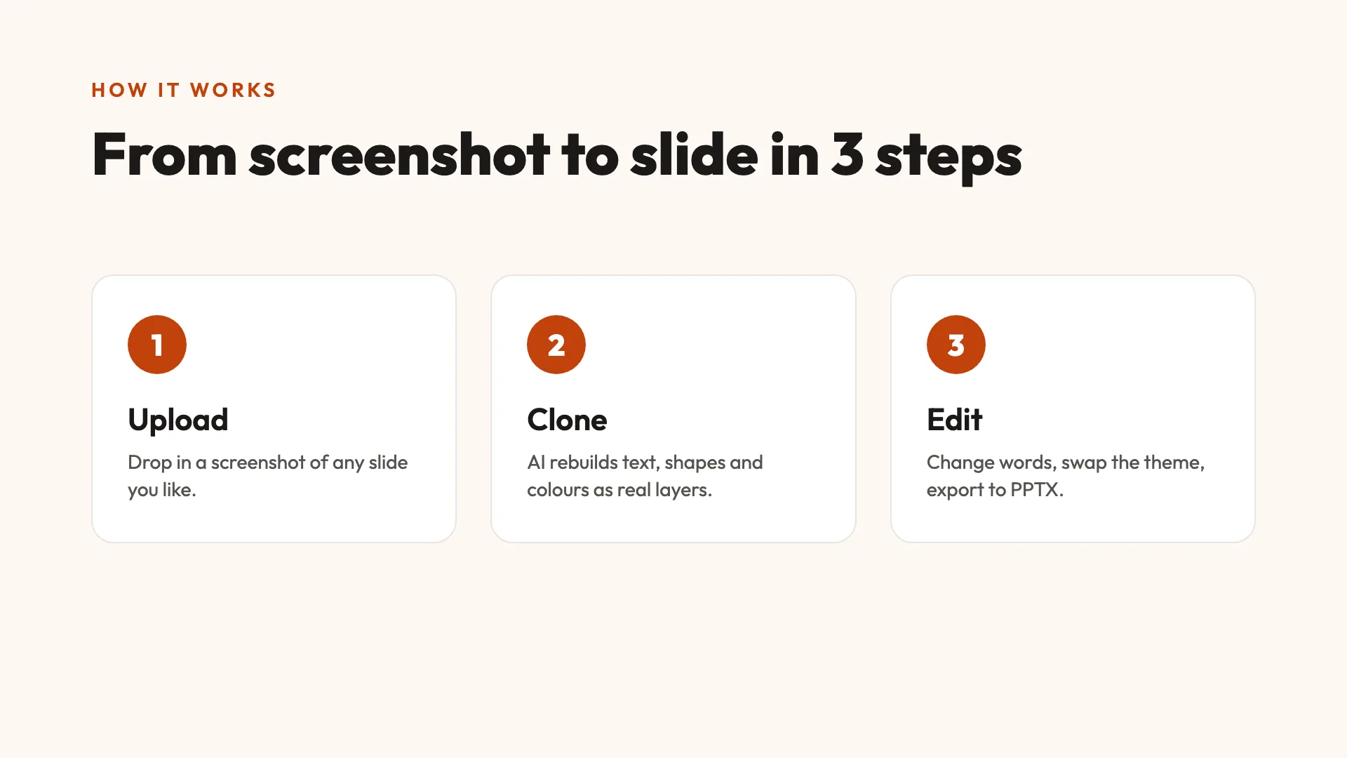 The second original slide: a light How it works slide with three numbered steps
