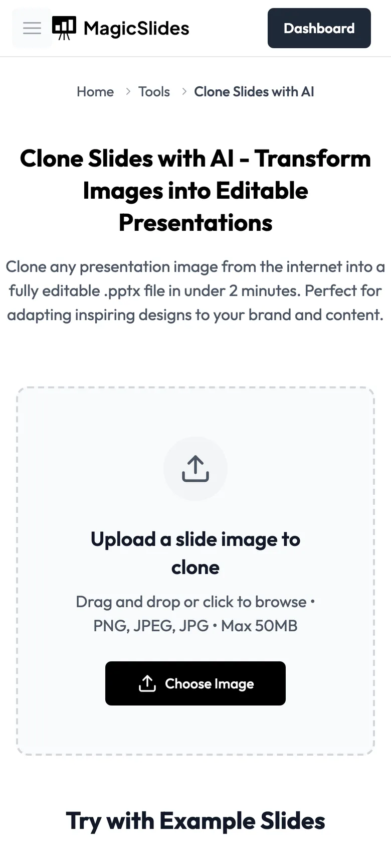 On a phone: The Clone Slides page with the upload box and Choose Image button