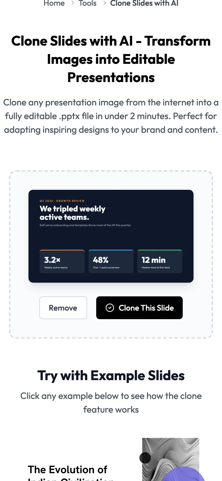 On a phone: The uploaded slide preview with Remove and Clone This Slide buttons