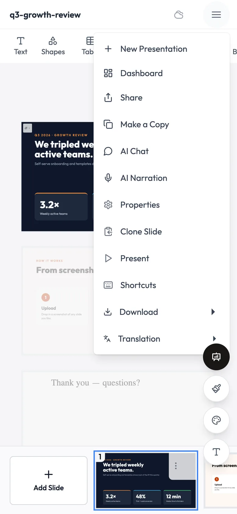 On a phone: The New slide menu with Blank slide, From templates and Clone a slide options