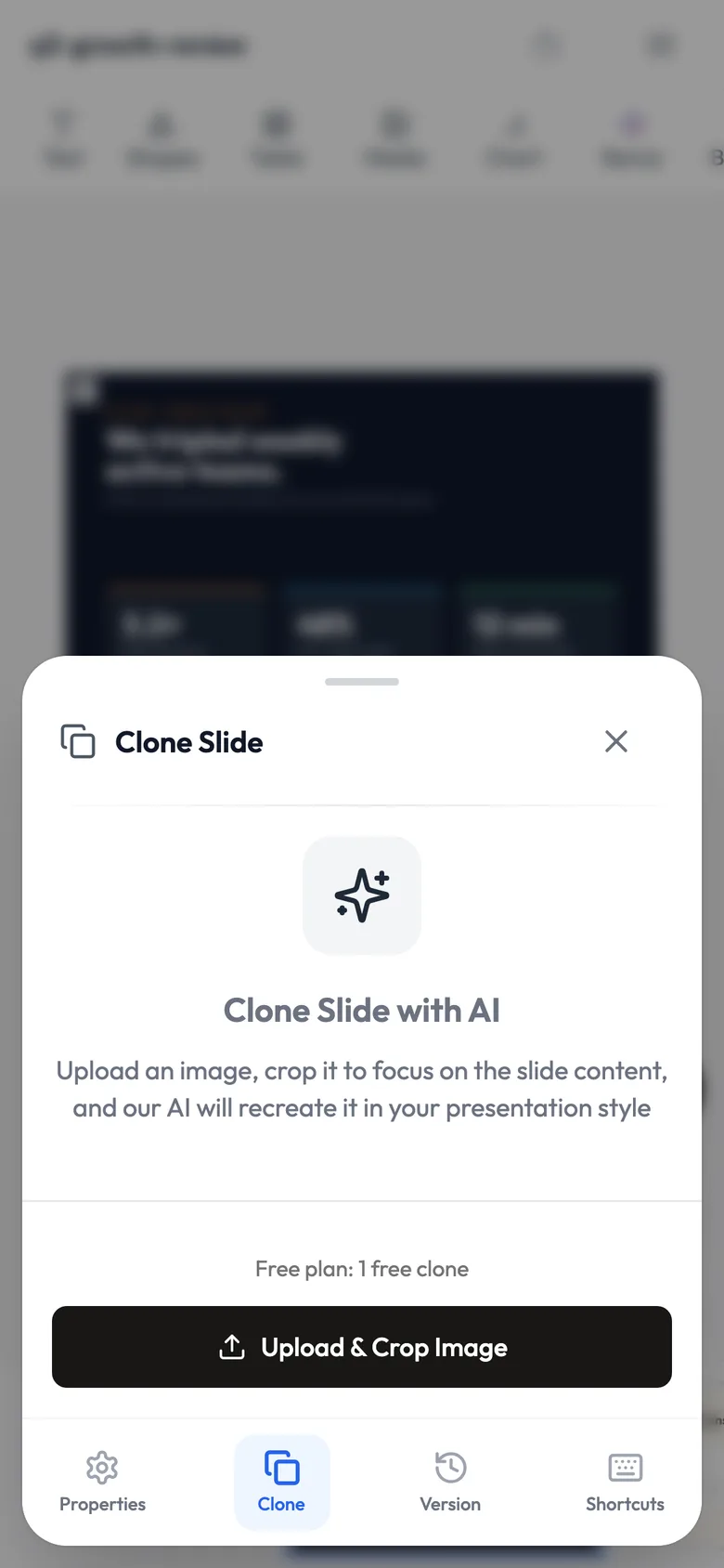 On a phone: The Clone Slide panel with the Upload & Crop Image button