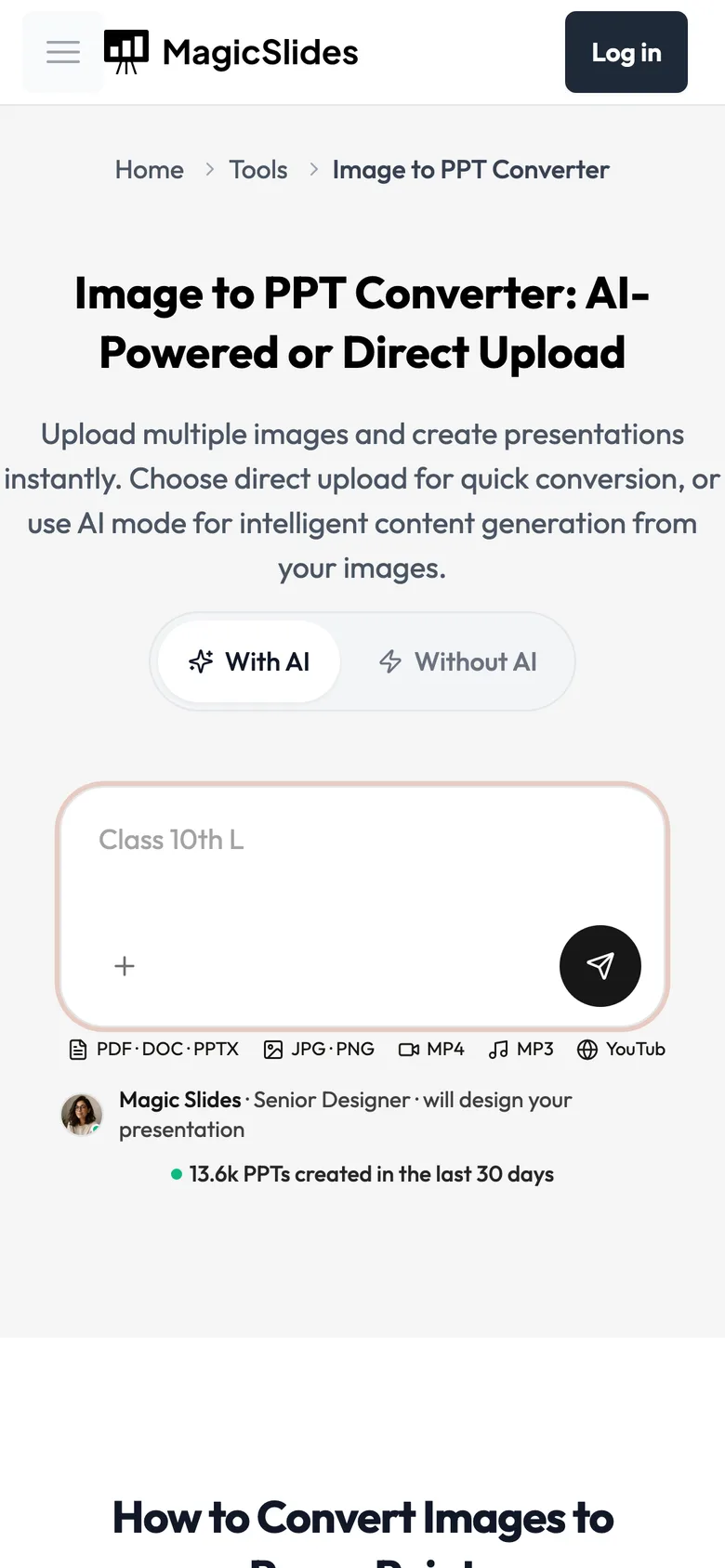 On a phone: Image to PPT page with the With AI and Without AI toggle
