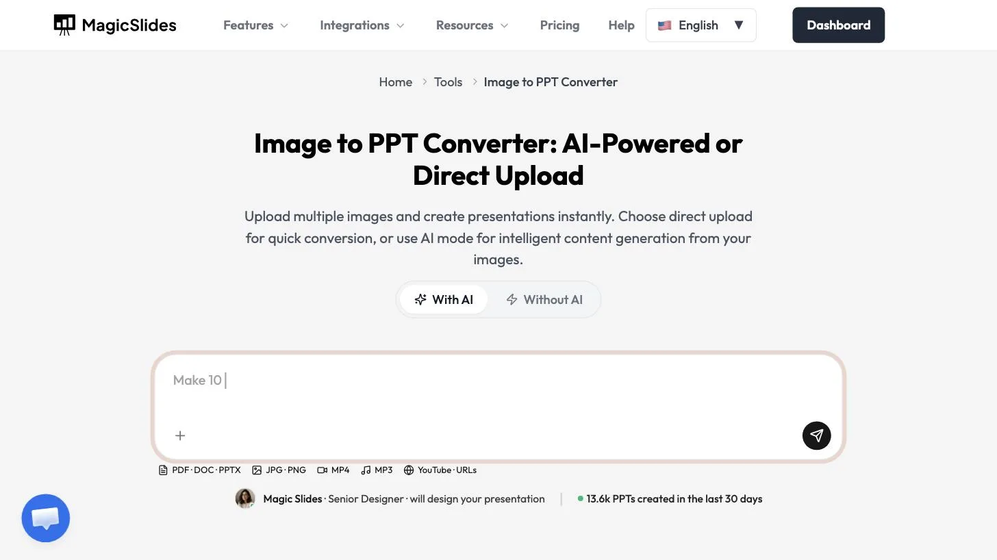 Image to PPT page with the With AI and Without AI toggle