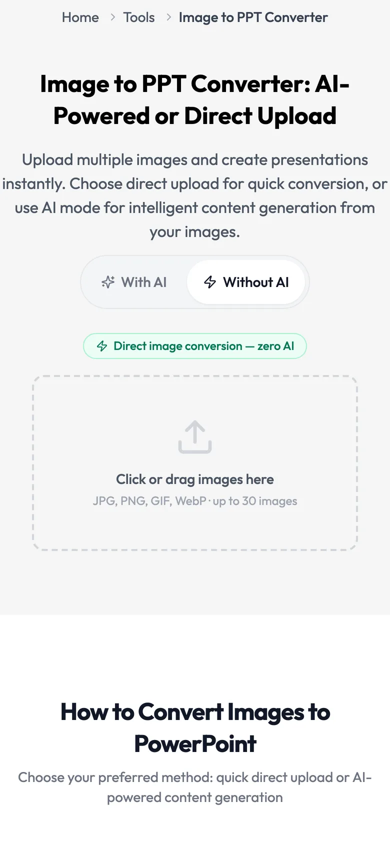 On a phone: Without AI drop zone where you click or drag JPG, PNG, GIF, or WebP, up to 30 images