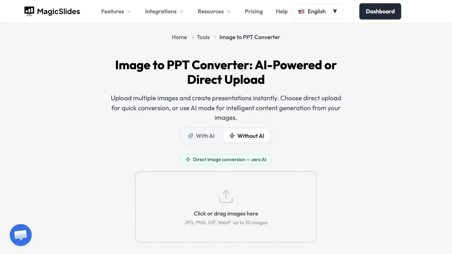 Without AI drop zone where you click or drag JPG, PNG, GIF, or WebP, up to 30 images
