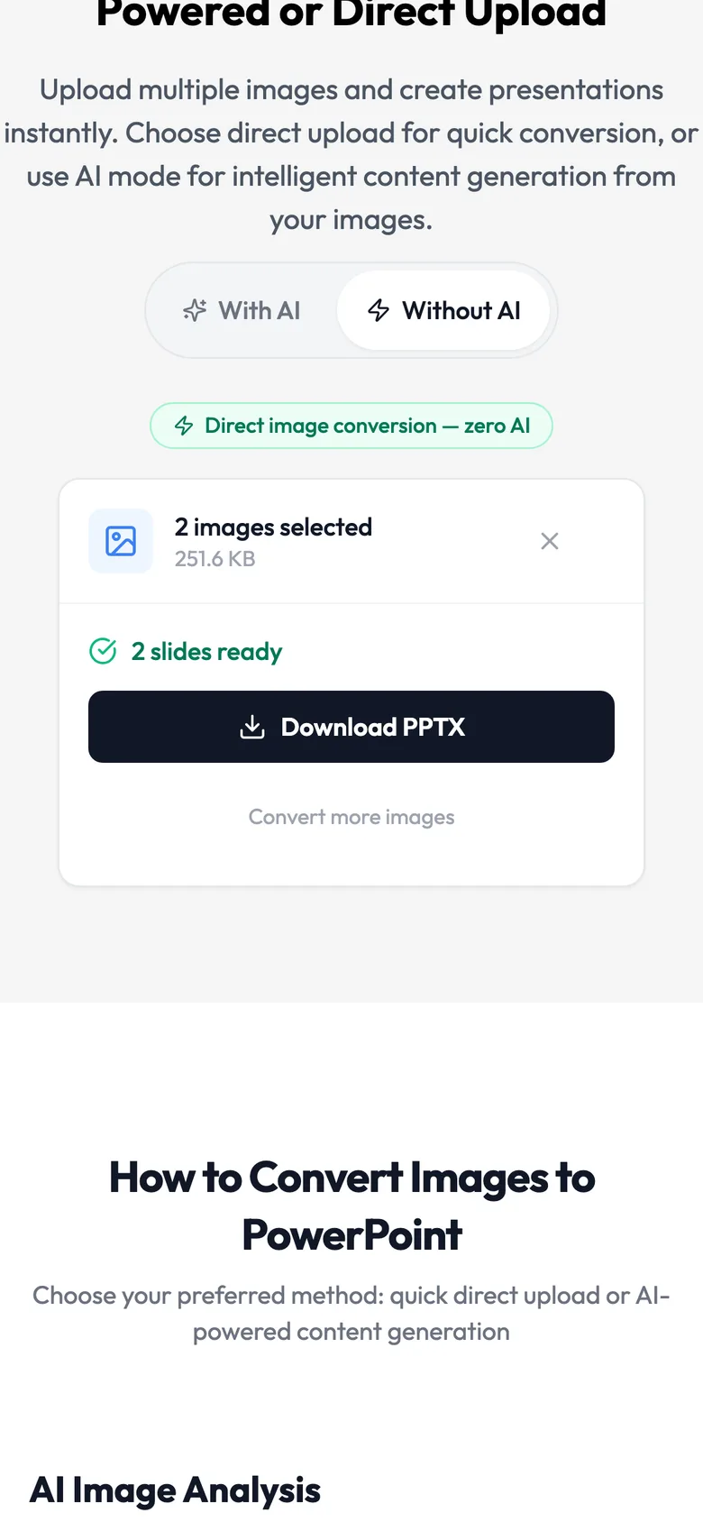 On a phone: 2 images selected, 2 slides ready, and a Download PPTX button