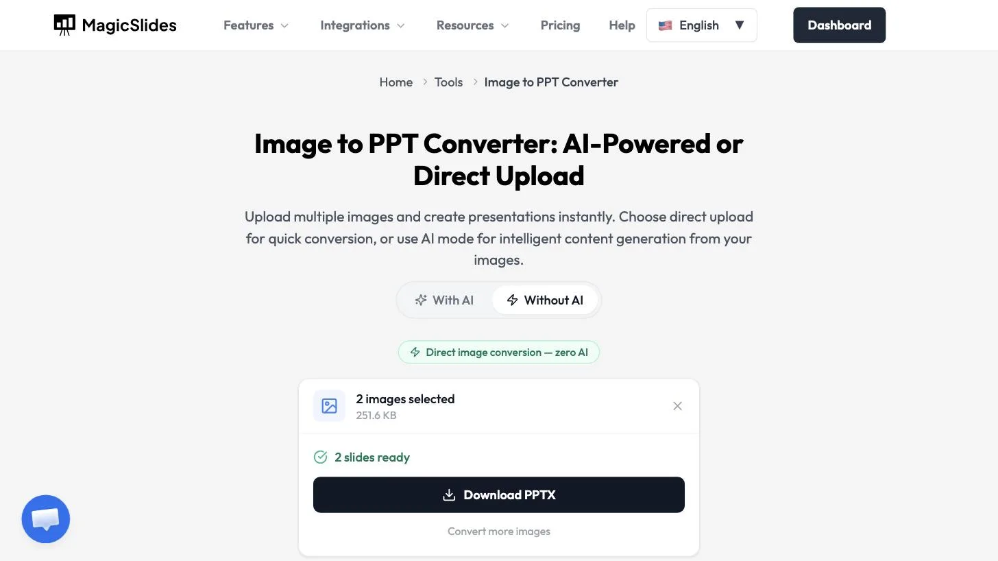 2 images selected, 2 slides ready, and a Download PPTX button
