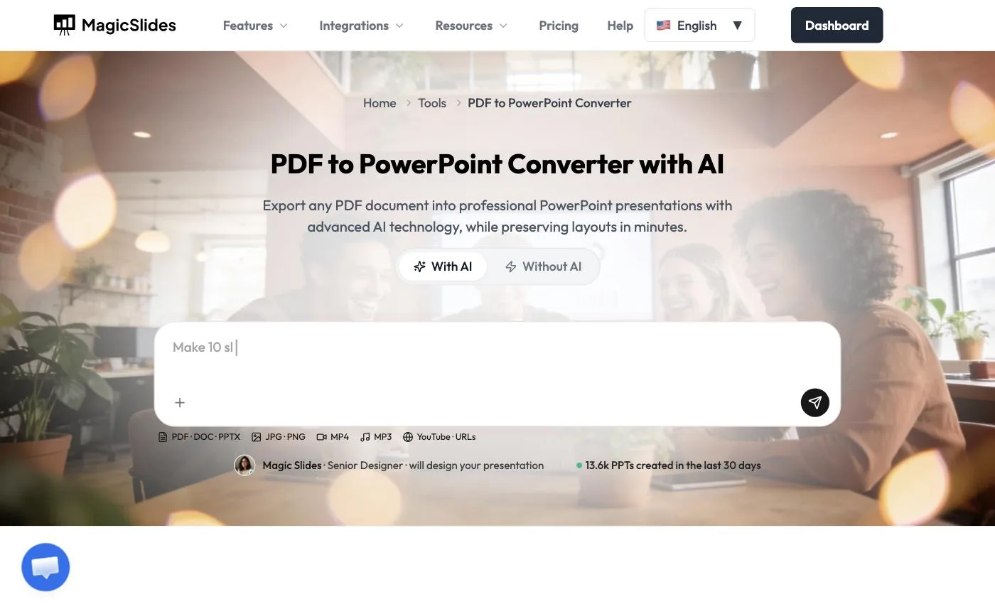The MagicSlides PDF to PowerPoint Converter page with the With AI and Without AI toggle