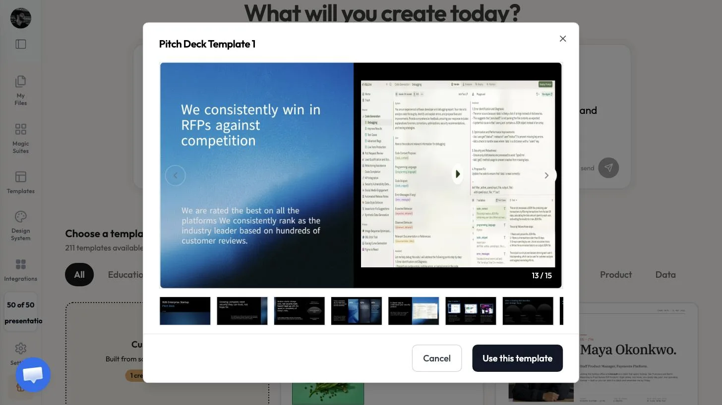 The Pitch Deck Template 1 preview with slide thumbnails and a Use this template button
