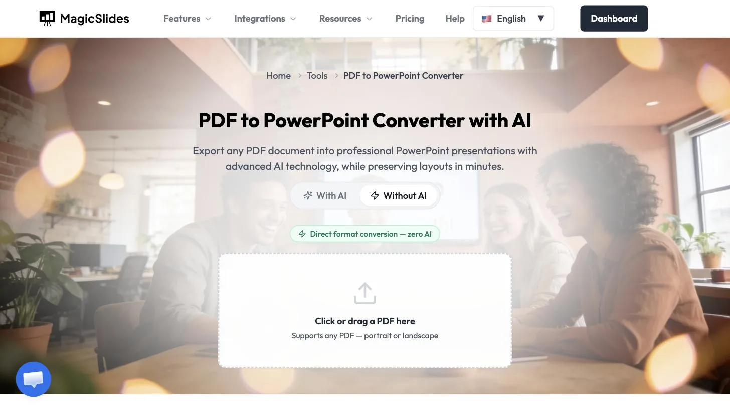 The Without AI mode with Direct format conversion zero AI and a PDF drop zone