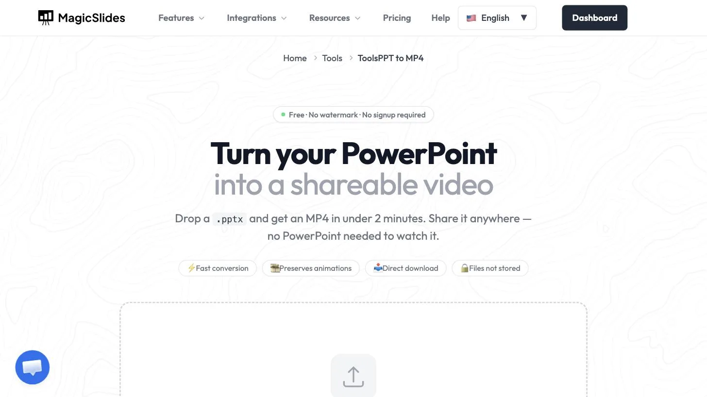 MagicSlides PPT to MP4 page. The heading reads Turn your PowerPoint into a shareable video, and the page notes free, no watermark, no signup required