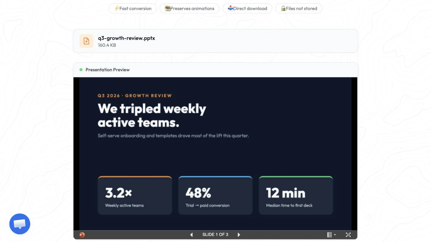 Uploaded q3-growth-review.pptx, with Presentation Preview open on slide 1 of 3