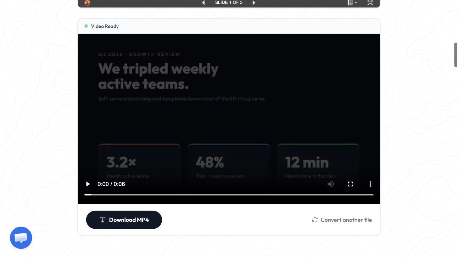 Video Ready page with the player at 0:06 and a Download MP4 button