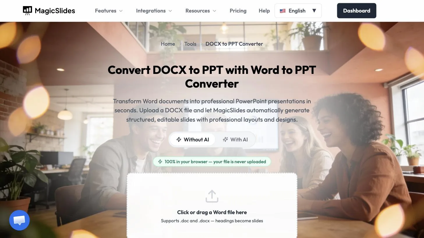 The Word to PPT converter in Without AI mode with the 100% in your browser note and a drop zone