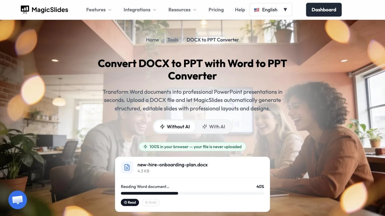 Reading Word document progress bar at 40 percent with Read and Build steps