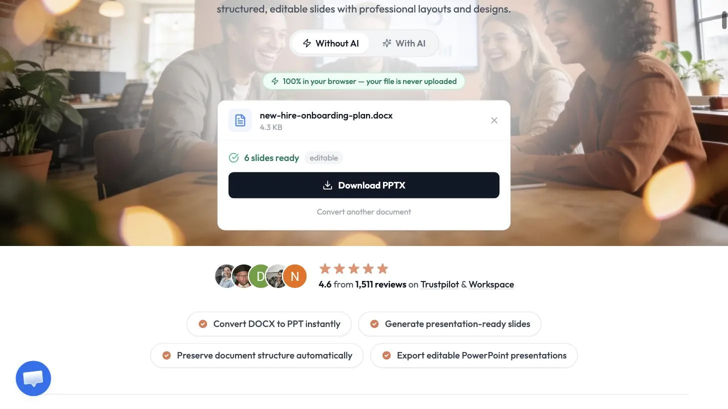 6 slides ready editable with a Download PPTX button for new-hire-onboarding-plan.docx