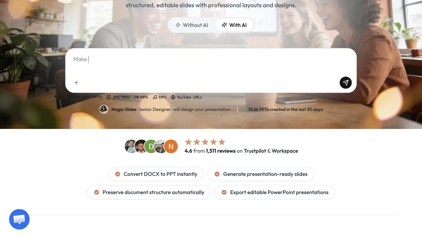 The With AI toggle on the Word to PPT converter