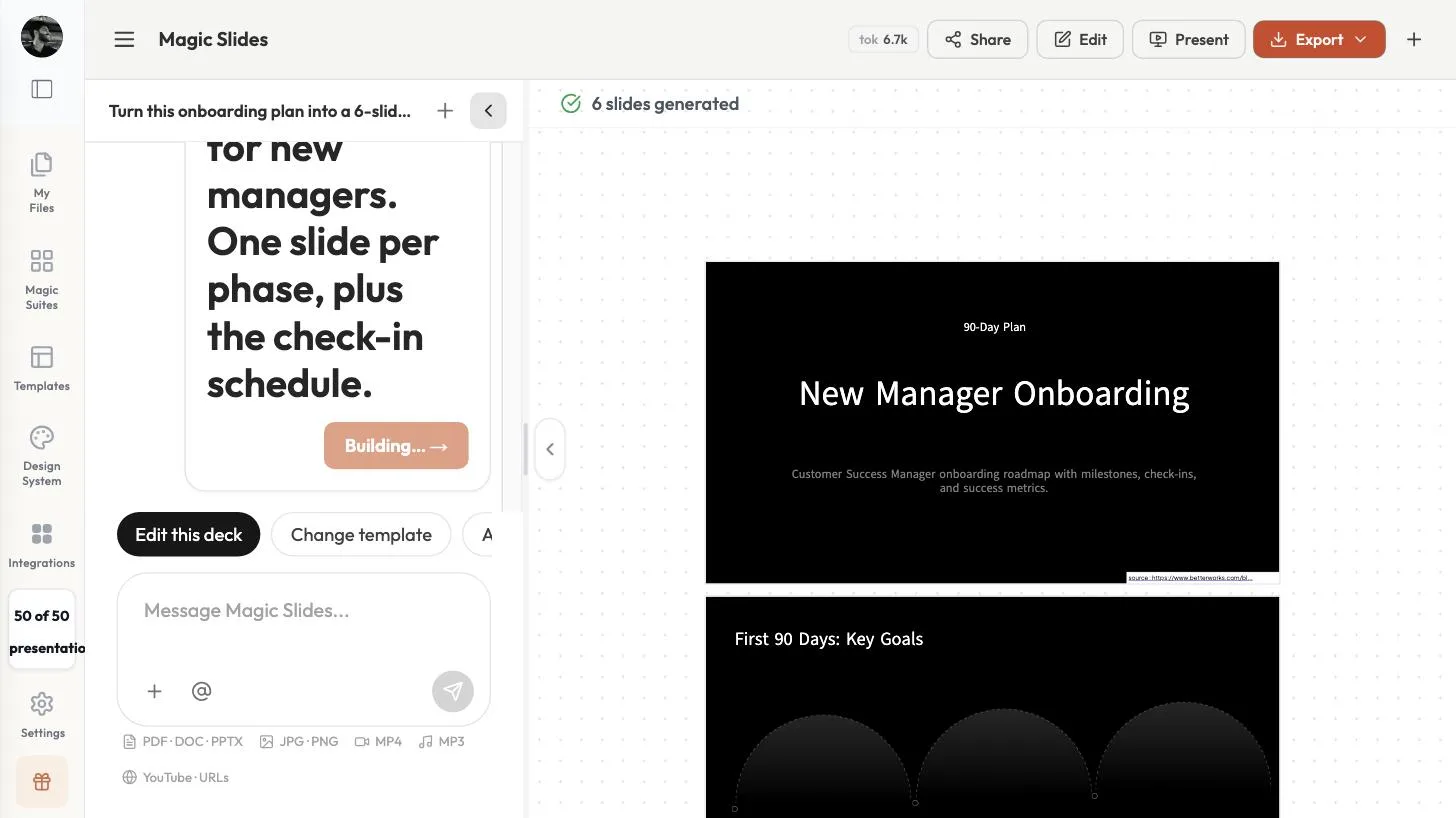 The generated title slide 90-Day Plan New Manager Onboarding