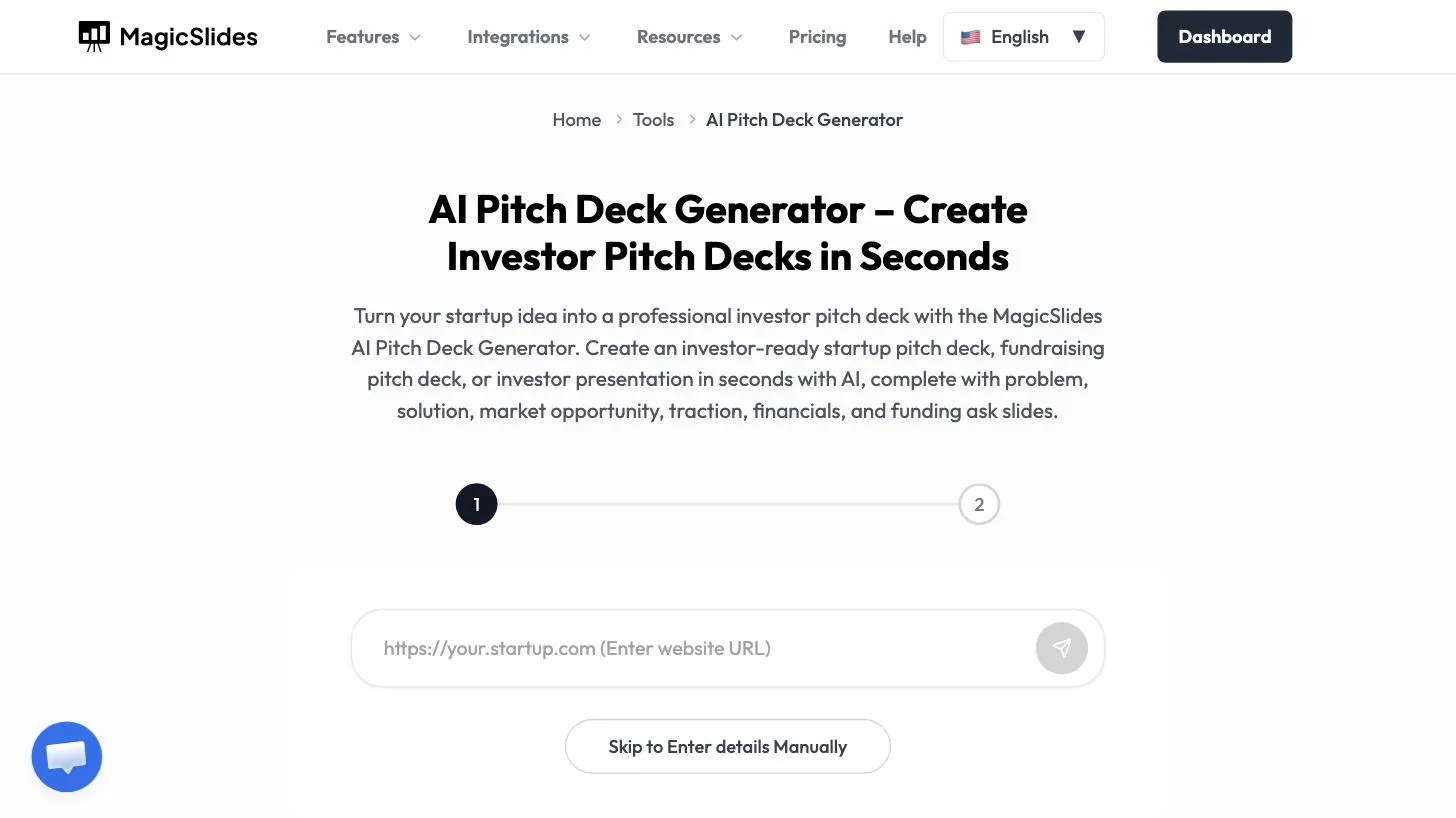 The AI Pitch Deck Generator step 1 with a website URL field and a Skip to enter details manually link