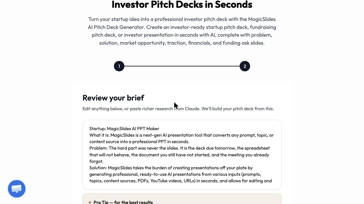 Review your brief with startup, problem and solution filled in from the website