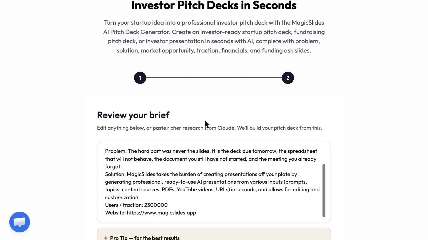 The brief showing users and traction 2,300,000 and the website