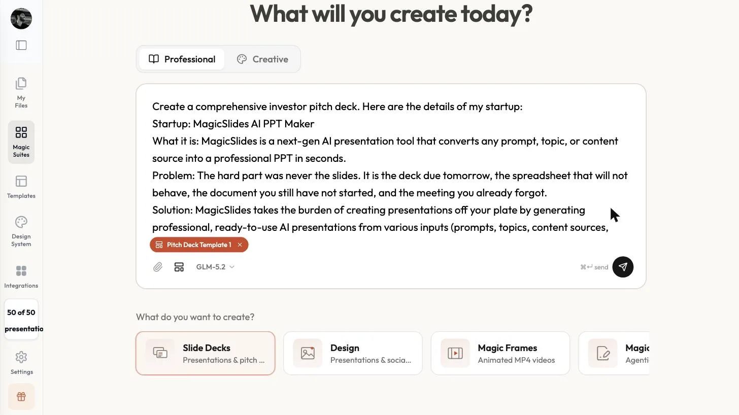 The create page with the investor pitch deck prompt pre-filled from the brief and the Pitch Deck Template 1 chip